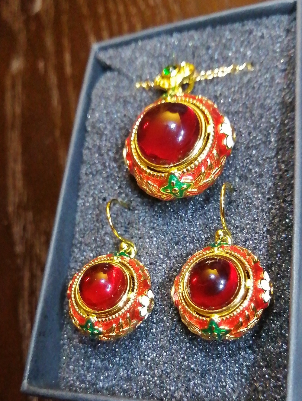 Enamelled Cloisonne 925 Silver 18 K Gold Plated, GemstonesNecklace+Earrings Set